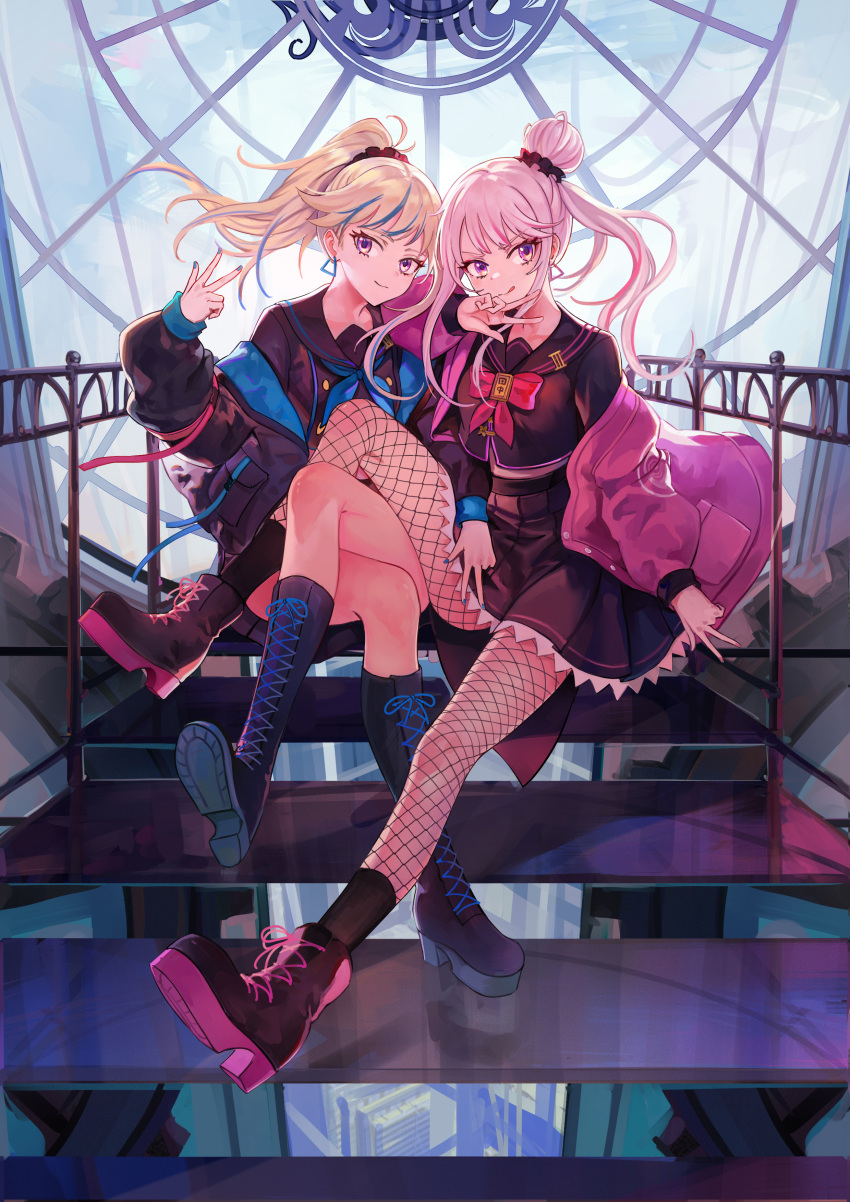 2girls absurdres black_shirt black_skirt blonde_hair blue_nails blue_neckwear boots closed_mouth commentary earrings fishnet_legwear fishnets high_heel_boots high_heels highres himehina_channel jacket jewelry licking_lips multicolored_hair multiple_girls nail_polish neck_ribbon neckerchief pink_hair pink_nails pink_neckwear platform_boots ponytail ribbon sailor_collar school_uniform serafuku shirt side_bun sitting sitting_on_lap sitting_on_person skirt smile streaked_hair suzuki_hina tanaka_hime thighs tongue tongue_out triangle_earrings virtual_youtuber z.boat