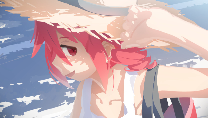 1girl :d arm_up bag bangs bare_arms bare_shoulders blue_sky brown_headwear clouds collarbone commentary_request day dress eyebrows_visible_through_hair hair_between_eyes hat highres kasane_teto looking_at_viewer monosenbei open_mouth outdoors red_eyes redhead sky sleeveless sleeveless_dress smile solo straw_hat upper_body utau white_dress
