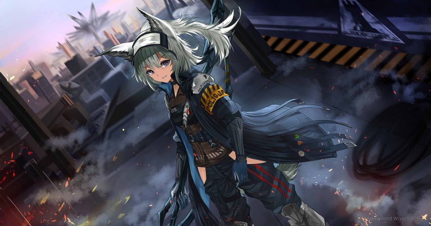 1girl 2019 absurdres animal_ears arknights armband artist_name black_coat black_gloves black_pants breakdiamond brown_shirt cityscape coat commentary dutch_angle feet_out_of_frame gloves grani_(arknights) grey_eyes grey_hair hair_between_eyes highres hip_vent holding holding_polearm holding_spear holding_weapon horse_ears long_hair open_clothes open_coat outdoors pants parted_lips polearm police police_uniform ponytail rhodes_island_logo shirt solo spear standing uniform weapon