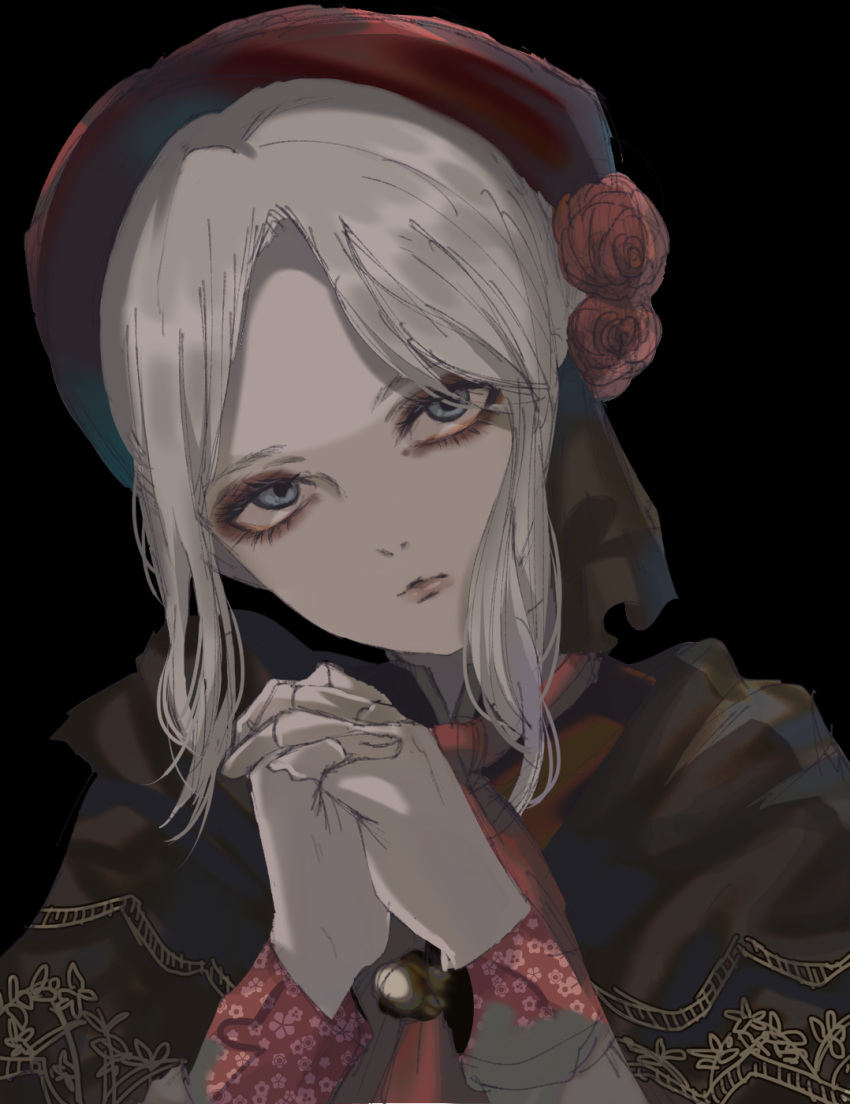 1girl bangs black_background black_capelet black_headwear bloodborne blue_eyes capelet closed_mouth commentary_request flower grey_hair hands_clasped hat head_tilt highres kayanogura long_sleeves looking_at_viewer own_hands_together parted_bangs plain_doll red_flower red_rose rose sidelocks simple_background solo upper_body