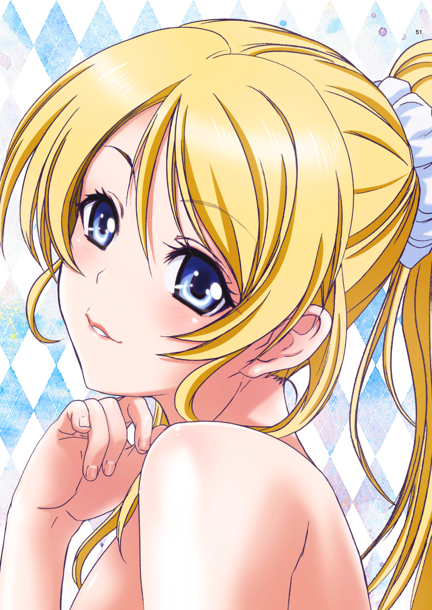 1girl absurdres argyle argyle_background ayase_eli blonde_hair blue_eyes eyebrows_visible_through_hair floating_hair from_side highres long_hair love_live! love_live!_school_idol_project nanno_koto nude page_number parted_lips portrait shiny shiny_hair solo