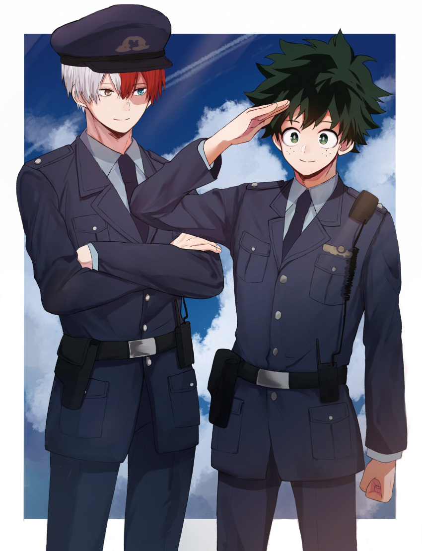 2boys bangs belt black_hair black_neckwear black_pants blue_eyes blue_jacket boku_no_hero_academia border burn_scar clouds collared_shirt commentary_request cowboy_shot crossed_arms day freckles green_eyes green_hair hat highres holster jacket long_sleeves looking_at_viewer male_focus midoriya_izuku multicolored_hair multiple_boys necktie noizu_(noi_hr) pants police police_hat police_uniform policeman pouch redhead salute scar scar_on_face shirt short_hair standing todoroki_shouto two-tone_hair uniform white_border white_hair