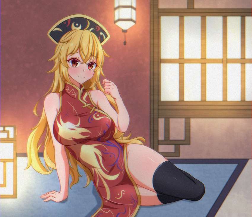 1girl breasts china_dress chinese_clothes dress highres indoors junko_(touhou) large_breasts long_hair orange_hair red_dress red_eyes sleeveless tasuku_(tusktouhou4) thigh-highs touhou