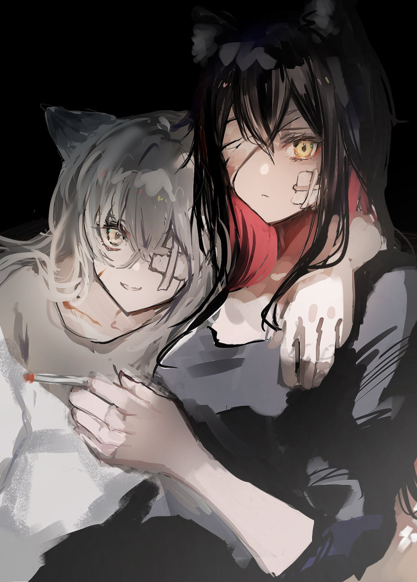 2girls animal_ears arknights arm_around_neck bandage_over_one_eye bandaid bandaid_on_face black_hair black_shirt cigarette closed_mouth colored_inner_hair commentary_request expressionless grey_hair highres holding holding_cigarette lappland_(arknights) long_hair looking_at_viewer multicolored_hair multiple_girls nanaponi one_eye_covered parted_lips redhead scar scar_on_cheek scar_on_face shirt short_sleeves smile texas_(arknights) upper_body white_shirt wolf_ears yellow_eyes