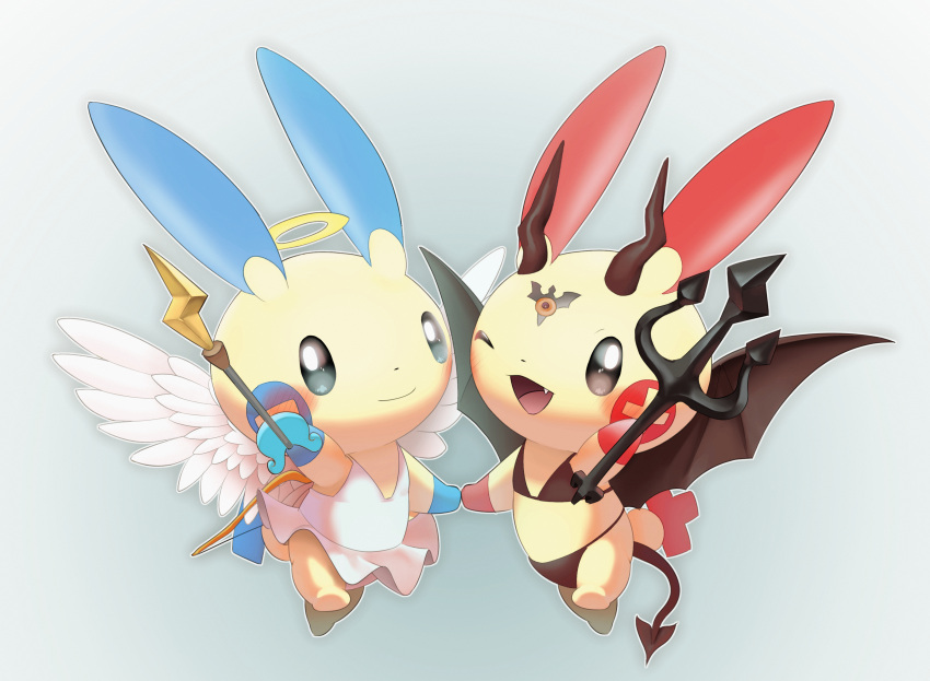 ;d absurdres angel_and_devil angel_wings bikini blush closed_mouth clothed_pokemon commentary_request demon_wings fangs gen_3_pokemon halo highres holding minun no_humans one_eye_closed open_mouth plusle pokemon pokemon_(creature) purobe smile swimsuit tail tongue wings