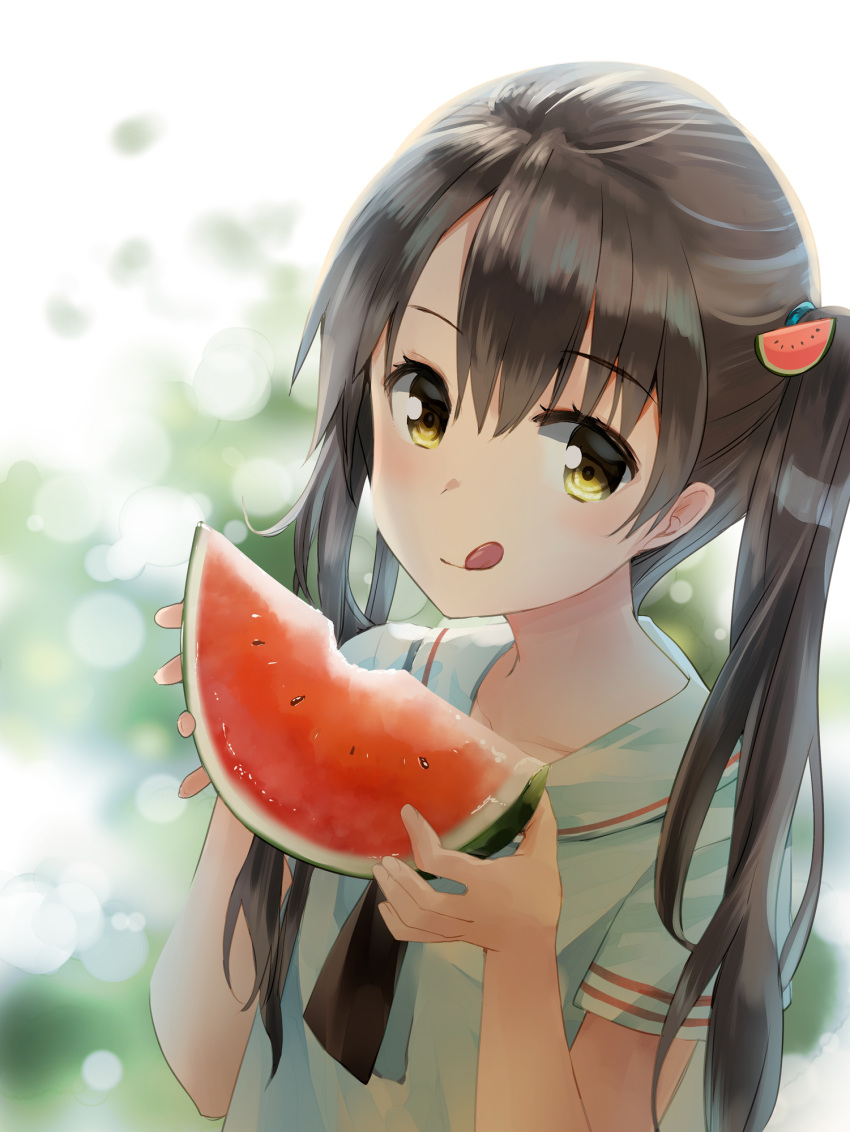 1girl :q bangs black_hair blurry blurry_background closed_mouth collarbone commentary_request depth_of_field eyebrows_visible_through_hair food food-themed_hair_ornament fruit hair_between_eyes hair_ornament hands_up highres holding holding_food long_hair looking_at_viewer naruse_chisato original sailor_collar school_uniform serafuku shirt short_sleeves smile solo summer tongue tongue_out twintails upper_body watermelon watermelon_hair_ornament watermelon_slice white_sailor_collar white_shirt yellow_eyes