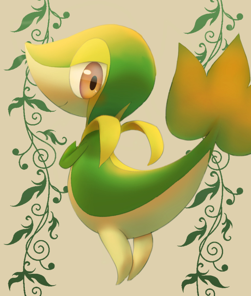 closed_mouth commentary_request gen_5_pokemon hand_up highres looking_at_viewer looking_back no_humans orange_eyes pokemon pokemon_(creature) purobe smile snivy solo