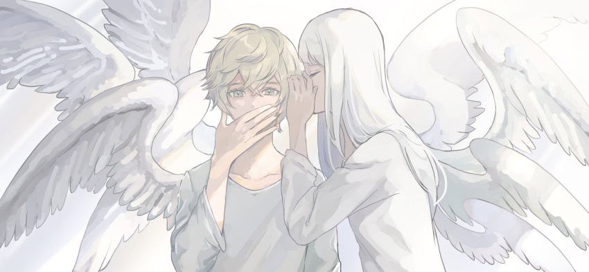 1boy 1girl angel angel_wings blonde_hair closed_eyes collarbone commentary_request covered_mouth covering_mouth feathered_wings hand_over_own_mouth highres long_hair long_sleeves looking_at_viewer nanaponi original shirt short_hair upper_body white_background white_hair white_shirt wings yellow_eyes