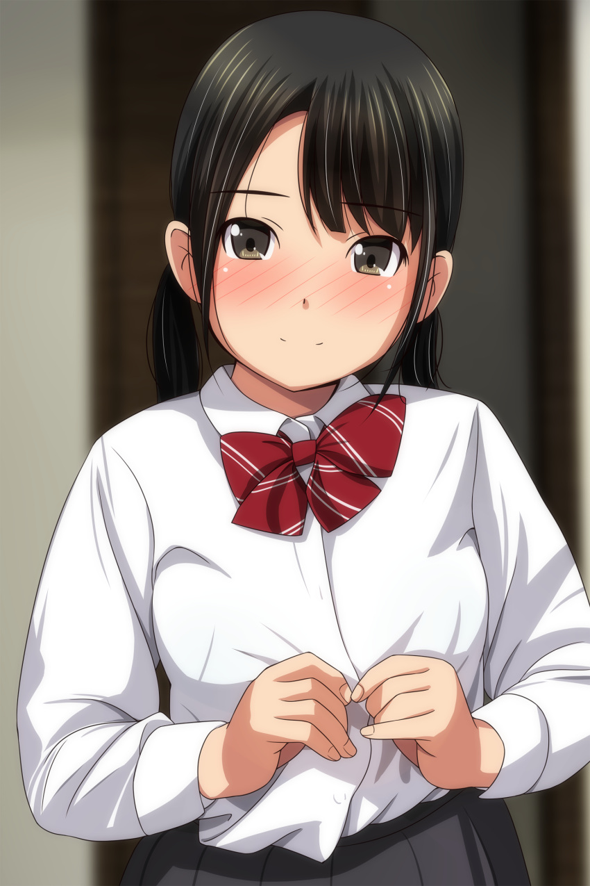 1girl absurdres bangs black_hair black_skirt blurry blurry_background blush bow brown_eyes closed_mouth collared_shirt depth_of_field diagonal-striped_bow dress_shirt eyebrows_visible_through_hair highres long_hair long_sleeves looking_at_viewer low_twintails matsunaga_kouyou nose_blush original pleated_skirt red_bow school_uniform shirt skirt smile solo twintails white_shirt