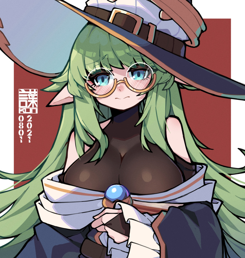 1girl bangs bare_shoulders black_bodysuit black_gloves blue_dress blue_eyes blue_headwear blush bodysuit breasts bridal_gauntlets closed_mouth commentary_request dated dress eyebrows_visible_through_hair gloves green_hair hat hat_belt highres impossible_clothes kotoba_(1074421015) large_breasts long_hair long_sleeves looking_at_viewer off-shoulder_dress off_shoulder original pointy_ears raised_eyebrows red_background semi-rimless_eyewear solo under-rim_eyewear upper_body witch_hat