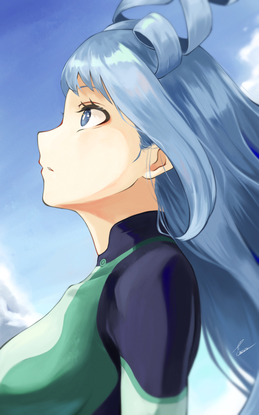 1girl absurdres bangs black_bodysuit blue_eyes blue_hair bodysuit boku_no_hero_academia clouds covered_collarbone day fengling_(furin-jp) from_side green_bodysuit hadou_nejire highres huge_filesize long_hair looking_up outdoors parted_lips profile shiny shiny_hair signature solo white_bodysuit