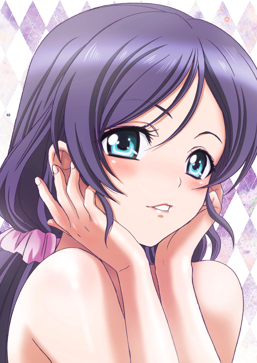 1girl absurdres argyle argyle_background blue_eyes eyebrows_visible_through_hair hair_between_eyes hair_ornament head_rest highres long_hair love_live! love_live!_school_idol_project nanno_koto nude page_number parted_lips portrait purple_hair shiny shiny_hair solo toujou_nozomi