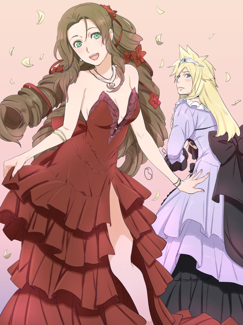 1boy 1girl aerith_gainsborough blonde_hair blush braid breasts brown_hair closed_mouth cloud_strife crossdressing dress final_fantasy final_fantasy_vii final_fantasy_vii_remake green_eyes hair_ornament highres kobayashi_chizuru long_hair looking_at_viewer open_mouth simple_background smile tiara