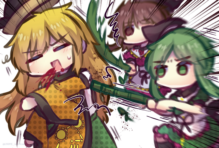 3girls apron bamboo bangs beating black_legwear blonde_hair blood blood_from_mouth brown_eyes brown_hair closed_eyes constellation_print detached_sleeves dress green_dress green_eyes green_hair hat long_hair long_sleeves matara_okina multiple_girls nishida_satono no_mouth one-hour_drawing_challenge pink_dress solid_circle_eyes sun_print tabard tate_eboshi teireida_mai touhou unime_seaflower v-shaped_eyebrows