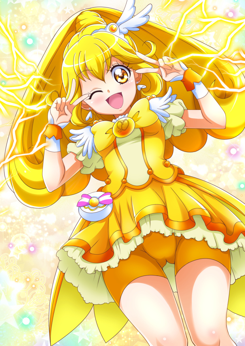 1girl ;d bangs bike_shorts blonde_hair cure_peace double_v earrings eyebrows_visible_through_hair floating_hair from_below hair_between_eyes hanzou heart heart_earrings highres jewelry layered_skirt long_hair looking_at_viewer miniskirt one_eye_closed open_mouth precure shiny shiny_hair short_shorts short_sleeves shorts shorts_under_skirt skirt smile smile_precure! solo thigh_gap v v_over_eye very_long_hair wrist_cuffs yellow_eyes yellow_neckwear yellow_shorts yellow_skirt