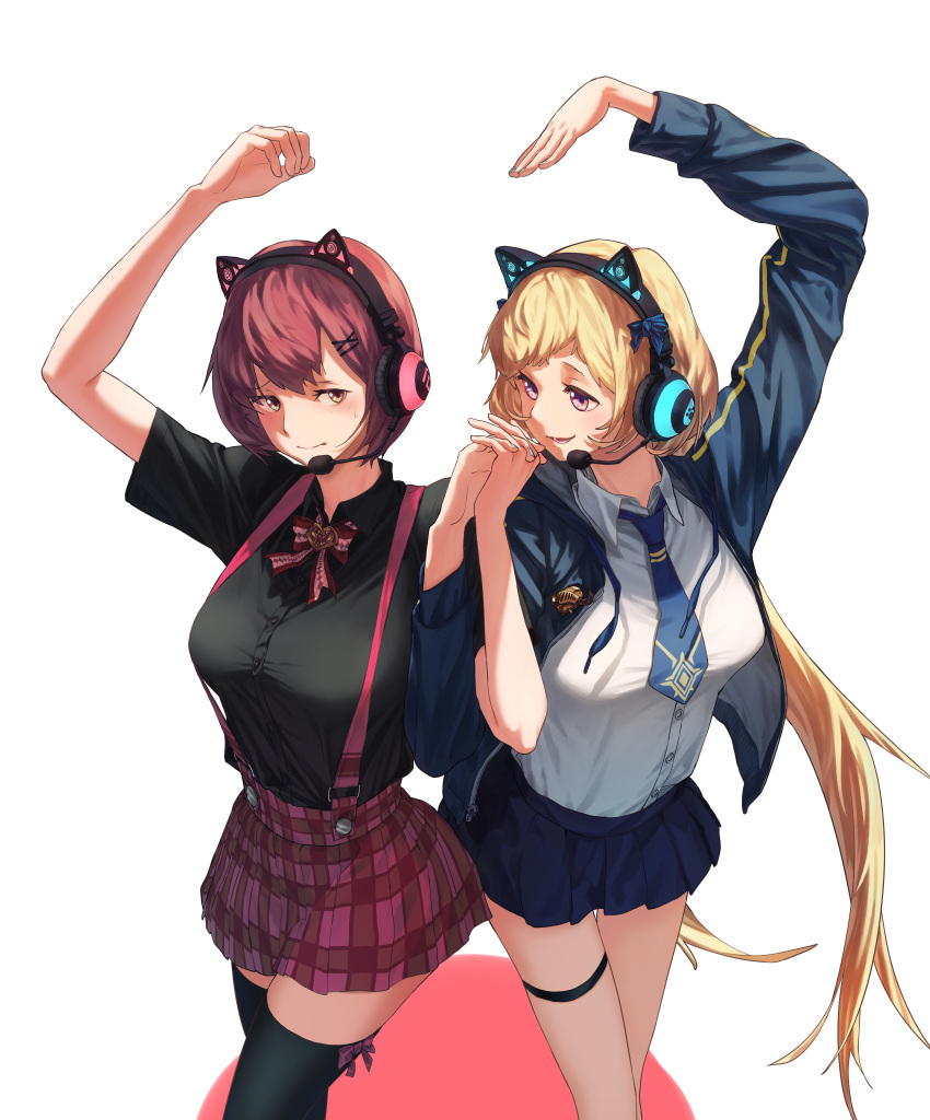 2girls absurdres black_legwear black_shirt blonde_hair blue_jacket blue_skirt breasts chosen_one's_archpriestess_veronica eyebrows_visible_through_hair feet_out_of_frame guardian_tales hand_up headphones highres hong_do huge_filesize idol idol_captain_eva jacket long_hair looking_at_another looking_to_the_side medium_breasts multiple_girls necktie official_alternate_costume open_clothes open_mouth pink_eyes red_eyes redhead shirt short_hair simple_background skirt smile