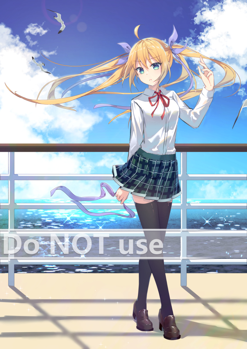 1girl black_legwear blonde_hair blue_sky breasts brown_footwear clouds collared_shirt commentary_request day dress_shirt english_text floating_hair green_skirt hair_ribbon hand_up high_heels highres horizon loafers long_hair long_sleeves looking_at_viewer mo_(pixiv9929995) neck_ribbon ocean original outdoors plaid plaid_skirt pleated_skirt purple_ribbon railing red_ribbon ribbon shirt shoes skirt sky small_breasts solo thigh-highs twintails very_long_hair water watermark white_shirt