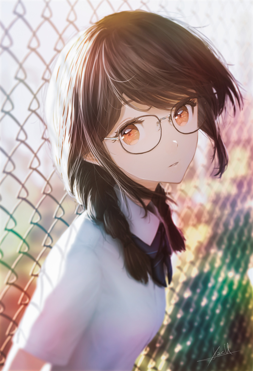 1girl backlighting black-framed_eyewear blue_bow blue_neckwear blurry blurry_background bow bowtie braid braided_ponytail brown_eyes brown_hair chain-link_fence collared_shirt fence glasses highres long_hair looking_at_viewer ojay_tkym original outdoors parted_lips revision school_uniform shirt short_sleeves solo sunlight twintails white_shirt