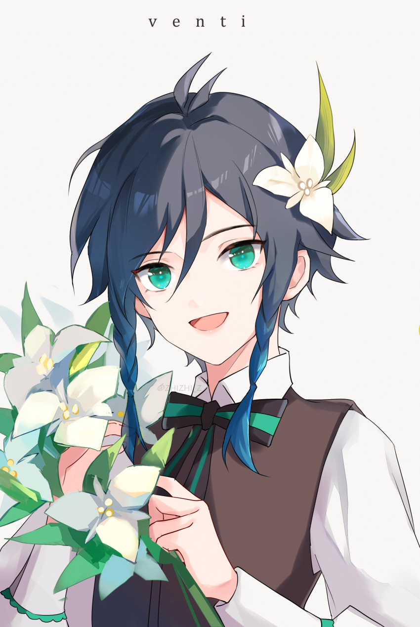 1boy absurdres androgynous bangs black_hair blue_hair bow braid collared_shirt commentary_request eyebrows_visible_through_hair flower genshin_impact gradient_hair green_eyes hair_flower hair_ornament highres holding holding_flower leaf long_sleeves looking_at_viewer male_focus multicolored_hair open_mouth shirt short_hair_with_long_locks sidelocks simple_background smile solo tongzhiz twin_braids venti_(genshin_impact) white_background white_flower white_shirt