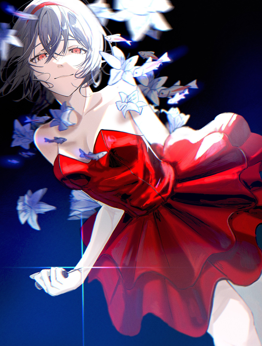 1girl absurdres bangs bare_legs bare_shoulders black_hair blue_background closed_mouth collarbone dress elbow_gloves eyebrows_visible_through_hair fish flower gloves highres holding holding_needle kirigoe_mima looking_at_viewer needle perfect_blue red_dress red_eyes short_hair simple_background smile solo sushineko8 white_flower white_gloves