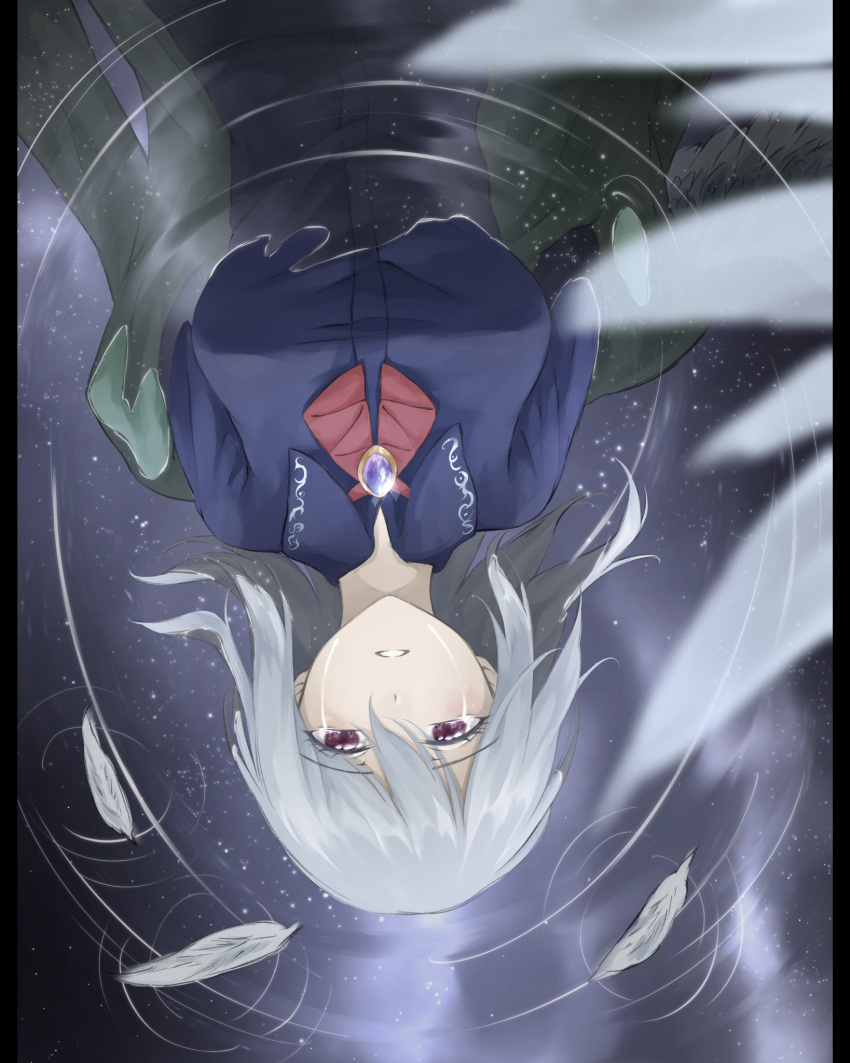 1girl angel_wings beige_jacket bow braid breasts crying crying_with_eyes_open dress expressionless eyebrows_visible_through_hair feathered_wings feathers french_braid hair_between_eyes highres kishin_sagume large_breasts looking_up otomeza_ryuseigun parted_lips partially_submerged purple_dress red_bow red_neckwear ripples silver_hair single_wing solo tears touhou upper_body upside-down violet_eyes wings