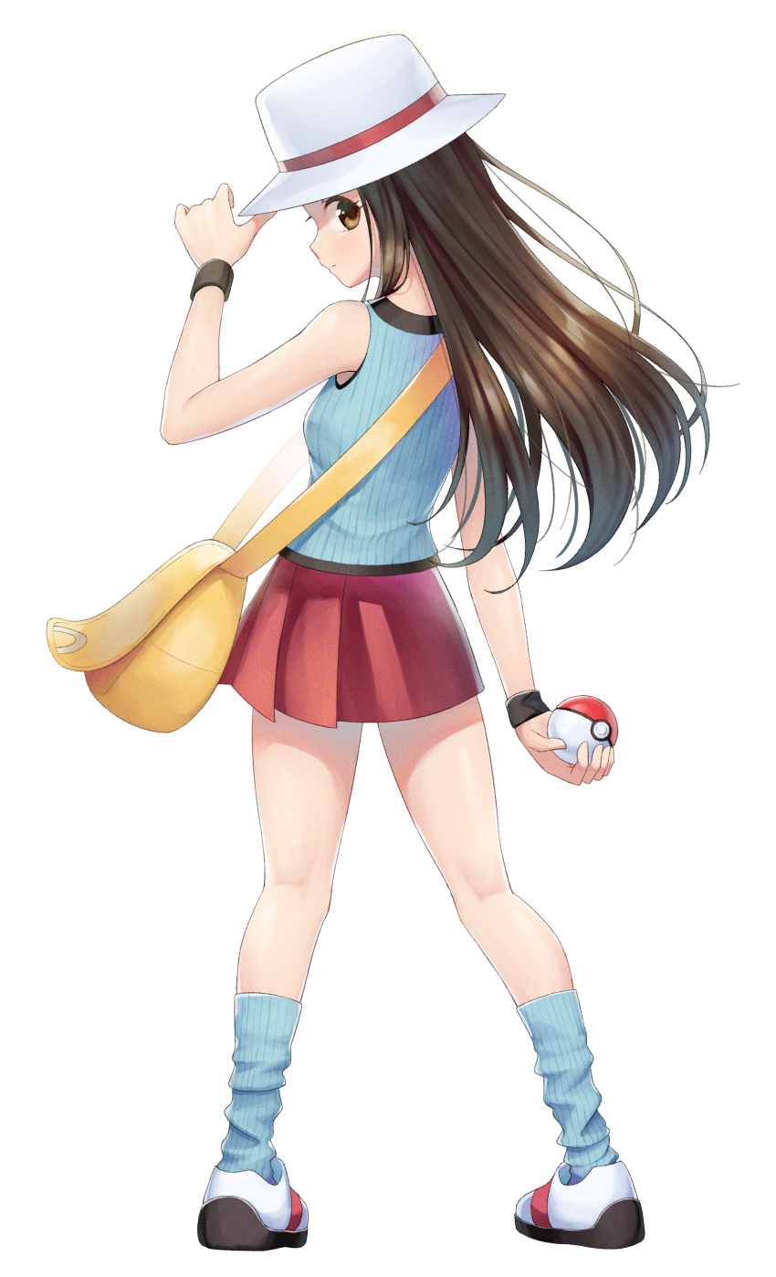 1girl absurdres bag blue_legwear blue_shirt brown_hair full_body hat highres kneepits leaf_(pokemon) long_hair looking_back miniskirt pleated_skirt poke_ball pokemon pokemon_(game) pokemon_frlg red_skirt sequins shirt skirt sleeveless sleeveless_shirt solo standing tsunenorip white_background wristband yellow_bag