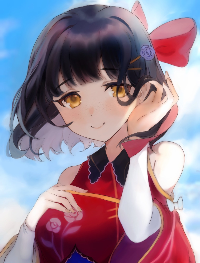 1girl ari_cm black_hair blue_flower blue_rose bow brown_eyes clouds detached_sleeves english_commentary floating_hair flower freckles hair_bow hair_flower hair_ornament hand_on_own_chest highres indie_virtual_youtuber looking_at_viewer portrait red_bow rose second-party_source shannon_(vtuber) short_hair sky smile solo virtual_youtuber