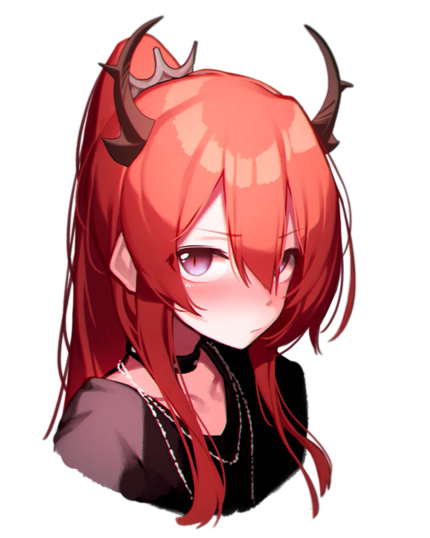 1girl absurdres arknights beudelb black_collar black_shirt blush collar commentary cropped_torso demon_horns hair_between_eyes hair_ornament highres horns jewelry korean_commentary long_hair looking_at_viewer necklace official_alternate_costume ponytail portrait redhead shirt sidelocks simple_background slit_pupils solo studded_collar surtr_(arknights) surtr_(liberte_echec)_(arknights) v-shaped_eyebrows violet_eyes white_background