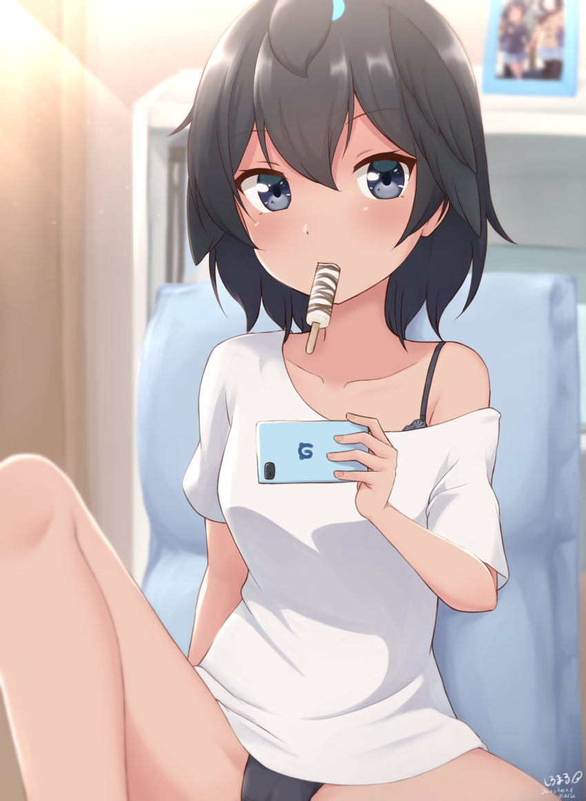 1girl absurdres artist_name bangs bedroom black_bra black_eyes black_hair black_panties blurry blurry_background bra cellphone commentary depth_of_field food_in_mouth greater_lophorina_(kemono_friends) highres holding holding_phone indoors japari_symbol kemono_friends knee_up looking_at_viewer mouth_hold no_pants panties phone shiraha_maru shirt short_hair short_sleeves signature sitting smartphone solo strap_slip t-shirt underwear white_shirt