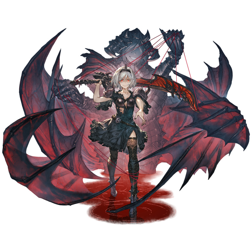 1girl alter_ego_conjurer_(granblue_fantasy) armor bare_arms belt black_dress black_legwear black_nails bob_cut buckle crazy_eyes crazy_smile dark_persona djeeta_(granblue_fantasy) dress faceless faceless_female granblue_fantasy hairband official_alternate_costume official_art open_mouth outstretched_arm puppet_strings red_eyes ripples shaded_face shoulder_armor shoulder_pads silver_hair smile solo spiked_hairband spikes sword thigh-highs torn_clothes transparent_background walking weapon wings