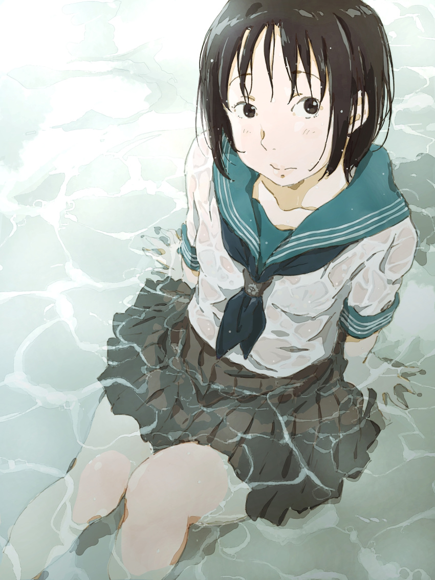 1girl aqua_sailor_collar arm_support black_eyes black_hair black_neckwear black_skirt bra closed_mouth commentary dress_shirt from_above highres in_water knees_together_feet_apart knees_up light_blush looking_at_viewer looking_up monodevil neckerchief on_ground original pale_skin partially_submerged pleated_skirt raised_eyebrows school_uniform see-through see-through_shirt serafuku shirt short_hair short_sleeves sitting skirt solo underwear water wet wet_clothes wet_hair white_bra white_shirt