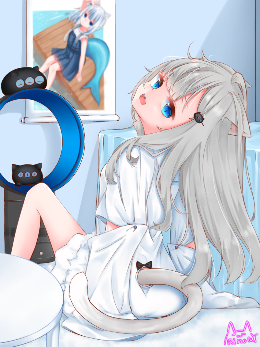 1girl absurdres animal_ears arm_support bangs bladeless_fan blue_eyes borrowed_character cat_ears cat_girl channmirunya electric_fan gawr_gura grey_hair hair_ornament highres hololive hololive_english indoors long_hair looking_back nacho_(amashiro_natsuki) open_mouth original poster_(object) sleeves_past_fingers sleeves_past_wrists solo tail virtual_youtuber