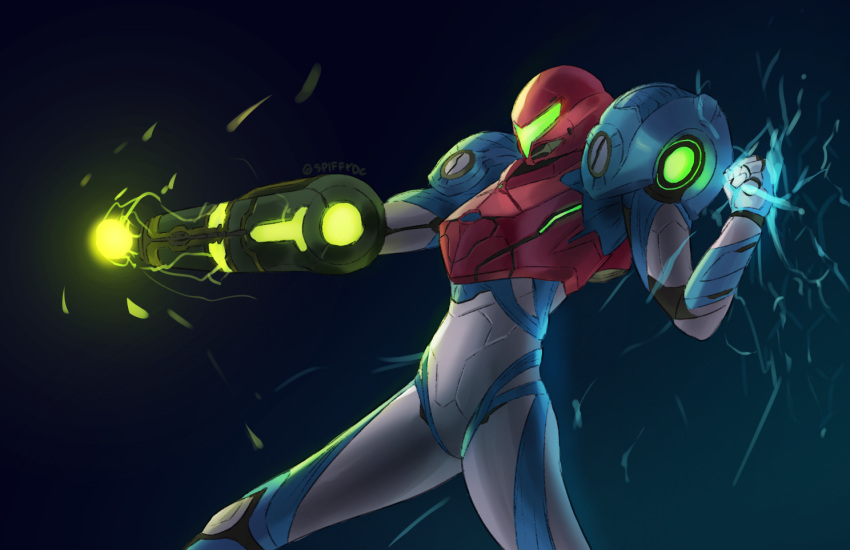 1girl arm_cannon armor glowing gun helmet metroid metroid_dread power_armor samus_aran science_fiction sidelocks simple_background solo spiffydc upper_body varia_suit visor weapon