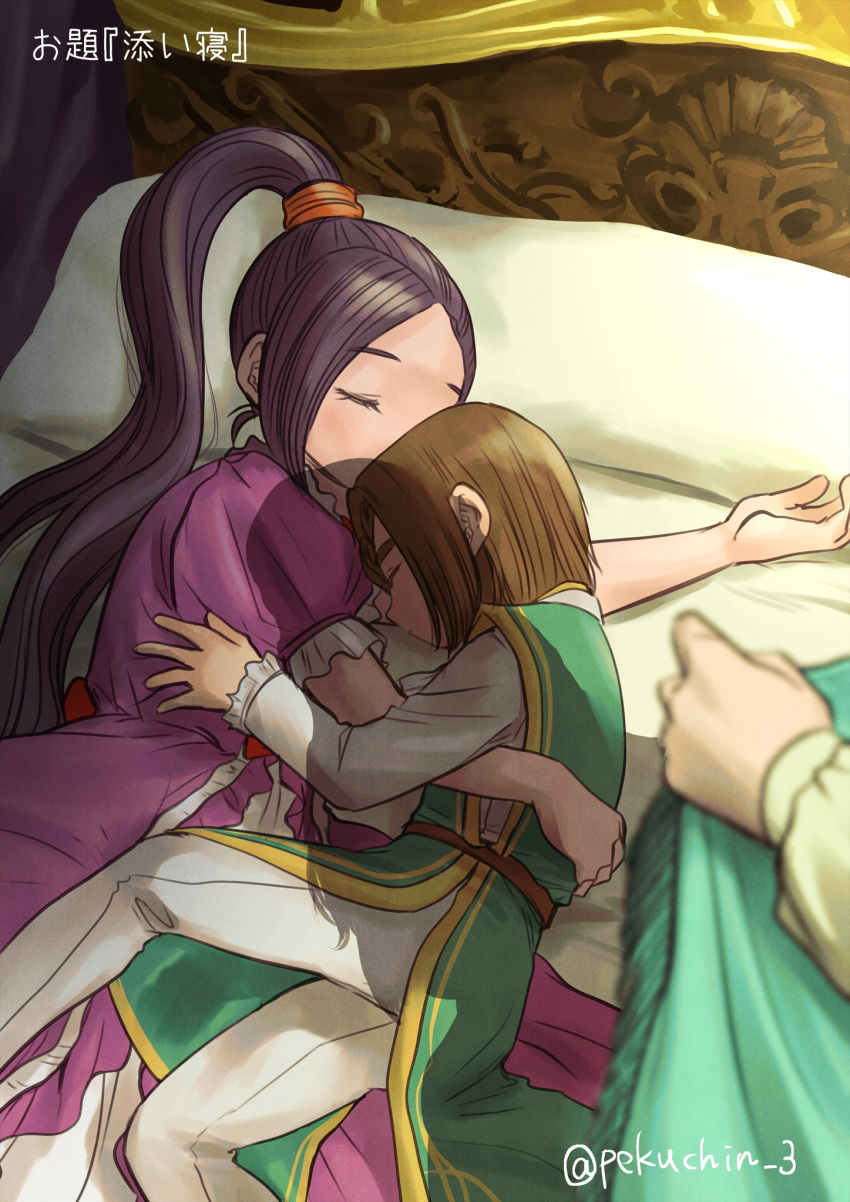 1boy 2girls bed bed_sheet black_hair brown_hair chinyan closed_eyes dragon_quest dragon_quest_xi dress eleanor_(dq11) hero_(dq11) high_ponytail highres long_hair lying martina_(dq11) medium_hair multiple_girls on_side out_of_frame puffy_short_sleeves puffy_sleeves shadow short_sleeves silhouette sleeping tunic twitter_username younger