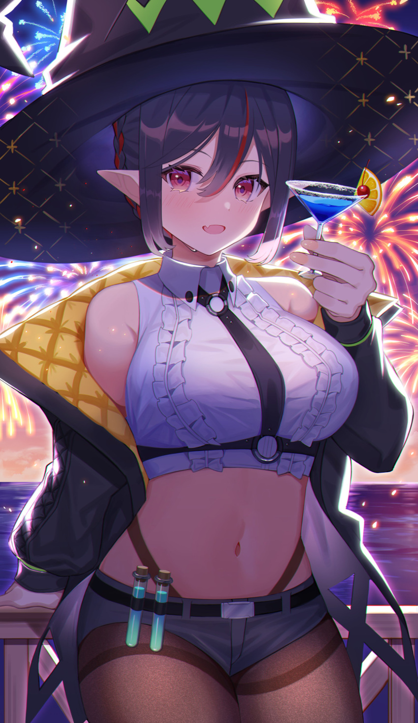 1girl :d absurdres amahara_subaru bare_shoulders belt black_hair black_jacket black_shorts breasts brown_legwear chest_harness cocktail_glass collared_shirt cowboy_shot crop_top cup drinking_glass fang frilled_shirt frills hand_up harness hat highleg highres holding indie_virtual_youtuber isonade_orca jacket large_breasts long_sleeves looking_at_viewer micro_shorts midriff multicolored_hair navel off_shoulder open_clothes open_jacket open_mouth pantyhose pointy_ears red_eyes revealing_clothes shirt short_hair shorts sleeveless sleeveless_shirt smile solo stomach streaked_hair test_tube thighband_pantyhose virtual_youtuber white_shirt witch_hat