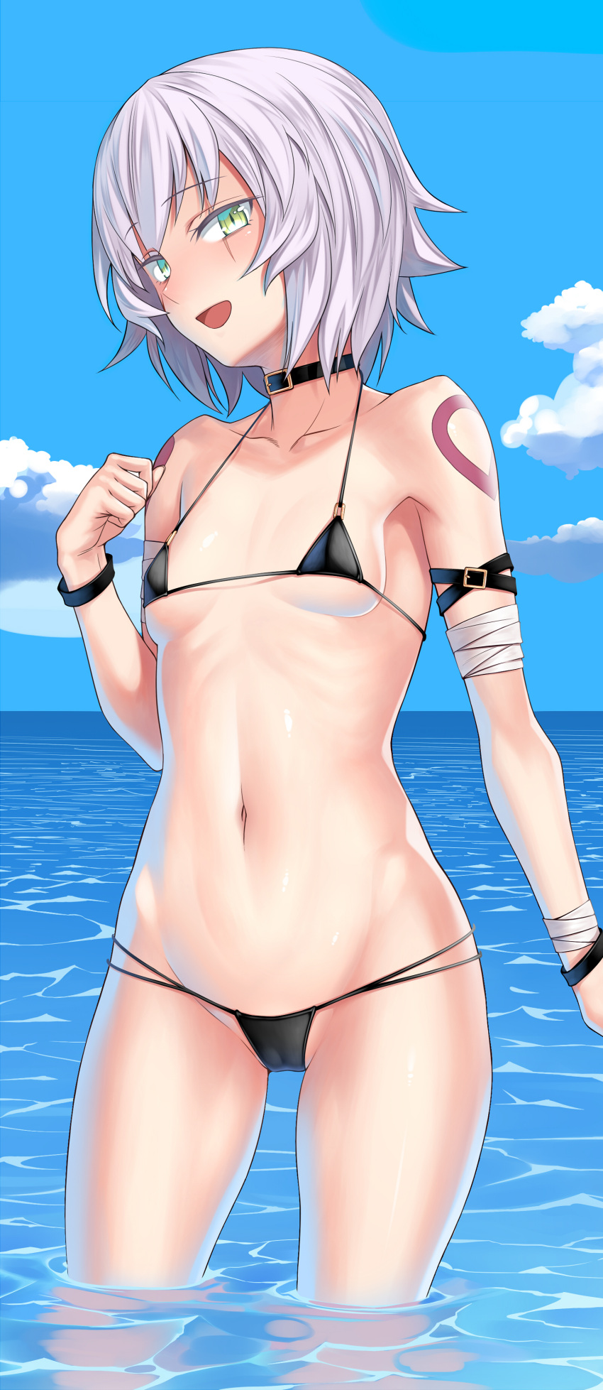 1girl absurdres bare_shoulders breasts fate/apocrypha fate_(series) green_eyes hair_between_eyes highres jack_the_ripper_(fate/apocrypha) looking_at_viewer orochi_itto scar scar_across_eye scar_on_cheek scar_on_face short_hair shoulder_tattoo small_breasts tattoo white_hair