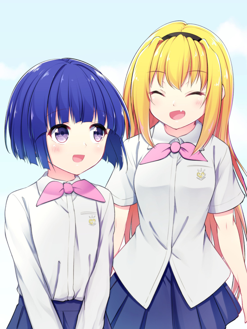 2girls absurdres alternate_hair_length alternate_hairstyle blonde_hair blue_skirt bob_cut breasts commentary_request furude_rika hairband hazumi_otoya highres higurashi_no_naku_koro_ni houjou_satoko long_hair multiple_girls school_uniform shirt short_hair simple_background skirt upper_body violet_eyes white_background white_shirt