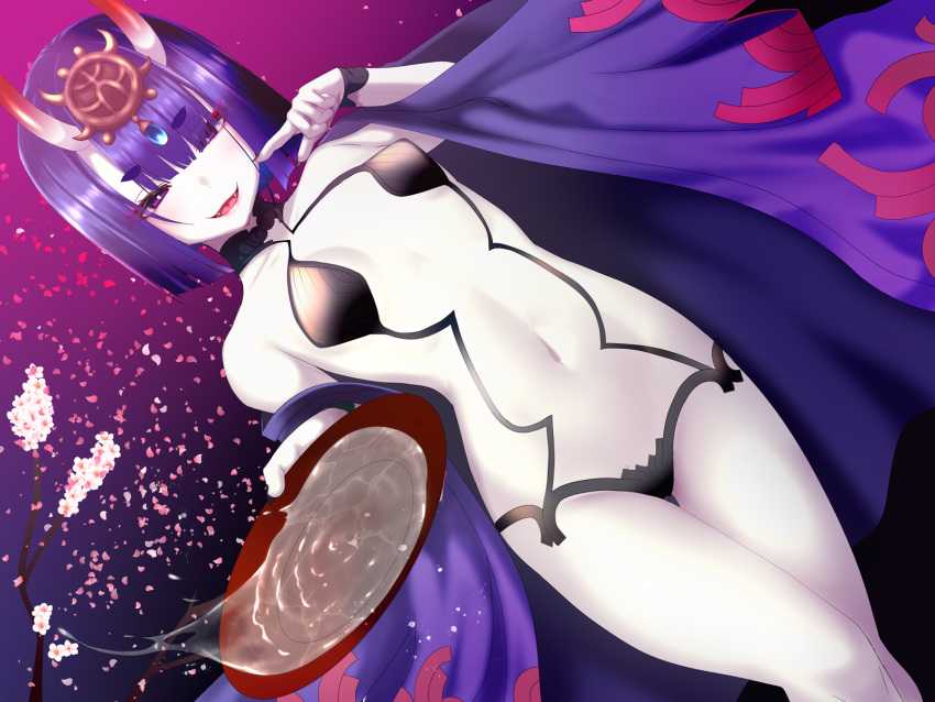 1girl alcohol bangs bare_shoulders blush bob_cut breasts collarbone cup eyeliner fate/grand_order fate_(series) headpiece highres horns japanese_clothes kimono long_sleeves looking_at_viewer makeup navel off_shoulder okuri_banto oni oni_horns open_clothes open_kimono open_mouth purple_hair purple_kimono revealing_clothes sakazuki sake short_hair shuten_douji_(fate) skin-covered_horns small_breasts smile solo violet_eyes wide_sleeves