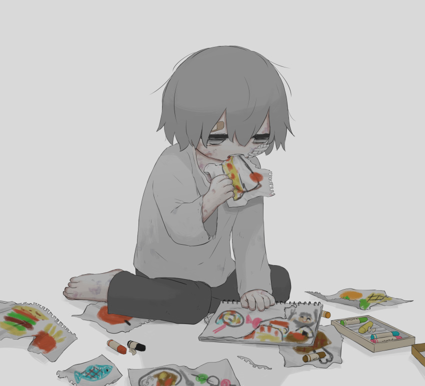 1boy absurdres avogado6 bandaid bandaid_on_forehead barefoot black_pants bruise child child_drawing commentary crayon eating empty_eyes grey_eyes grey_hair grey_shirt highres injury long_sleeves male_focus no_shoes original pants shirt simple_background sitting solo white_background