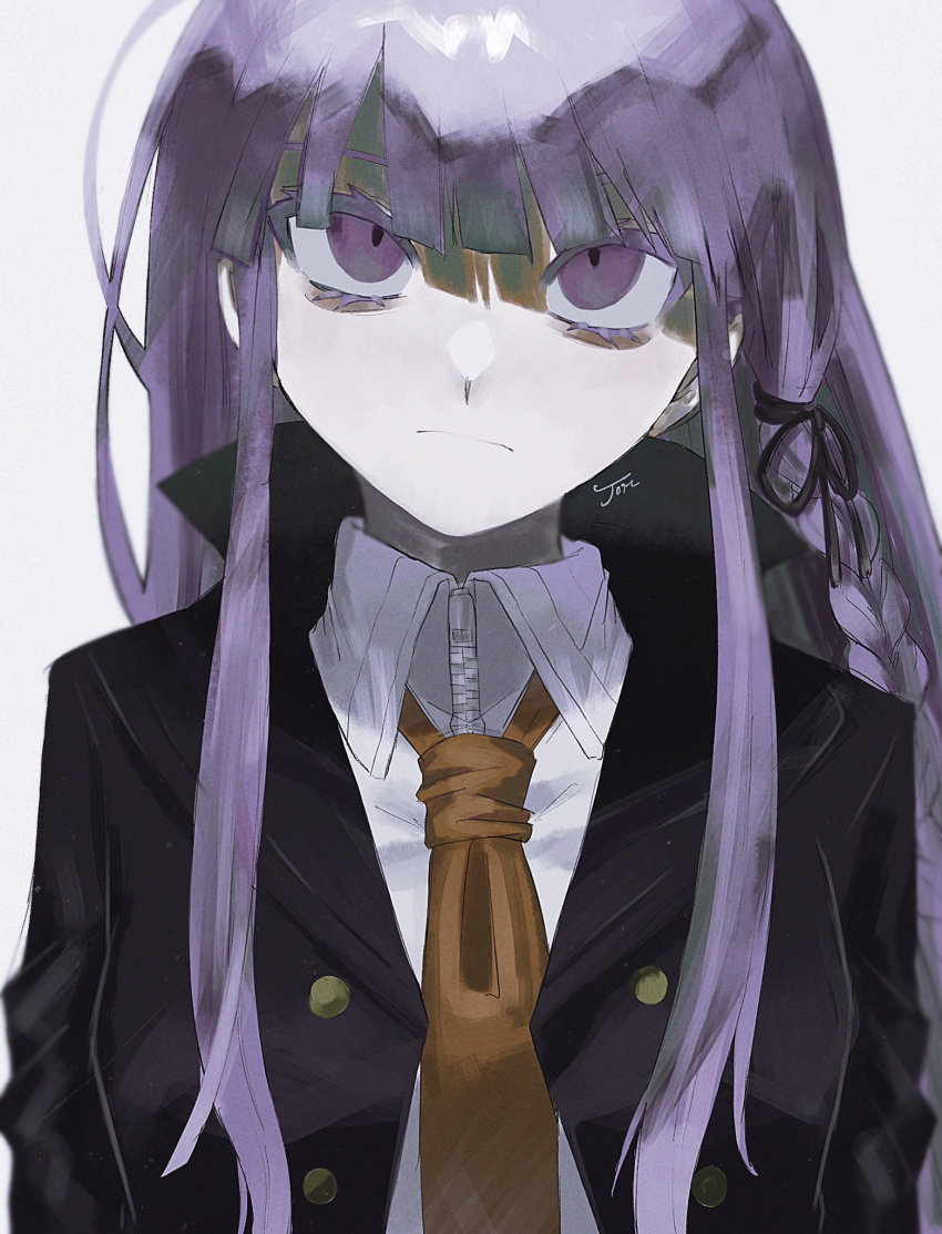 1girl bangs black_jacket black_ribbon blunt_bangs braid brown_neckwear closed_mouth collared_shirt commentary dangan_ronpa:_trigger_happy_havoc dangan_ronpa_(series) frown hair_ribbon highres jacket joh_pierrot kirigiri_kyouko long_hair looking_at_viewer necktie purple_hair ribbon shiny shiny_hair shiny_skin shirt side_braid simple_background single_braid solo striped upper_body violet_eyes white_background white_shirt