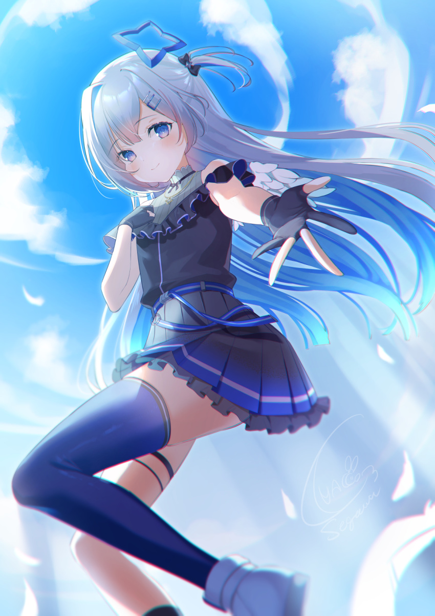 1girl amane_kanata bangs bare_shoulders black_bow black_gloves black_shirt black_skirt blue_eyes blue_hair blue_legwear blue_sky boots bow closed_mouth clouds commentary_request day eyebrows_visible_through_hair feathers frilled_skirt frills gloves grey_hair hair_bow hair_intakes hair_ornament hairclip highres hololive long_hair luna_(mi-chanman) multicolored_hair one_side_up outdoors partially_fingerless_gloves pleated_skirt shirt single_thighhigh skirt sky smile solo thigh-highs thighhighs_under_boots two-tone_hair very_long_hair virtual_youtuber white_feathers white_footwear