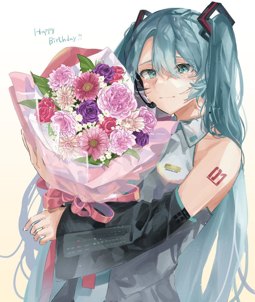 1girl absurdres aqua_eyes aqua_hair aqua_neckwear bare_shoulders black_sleeves bouquet cc_rock commentary detached_sleeves flower furrowed_brow grey_shirt hair_ornament happy_birthday happy_tears hatsune_miku headphones headset highres holding holding_bouquet light_smile long_hair looking_at_viewer necktie pink_flower purple_flower red_flower shirt shoulder_tattoo sleeveless sleeveless_shirt solo tattoo tears twintails upper_body very_long_hair vocaloid white_flower