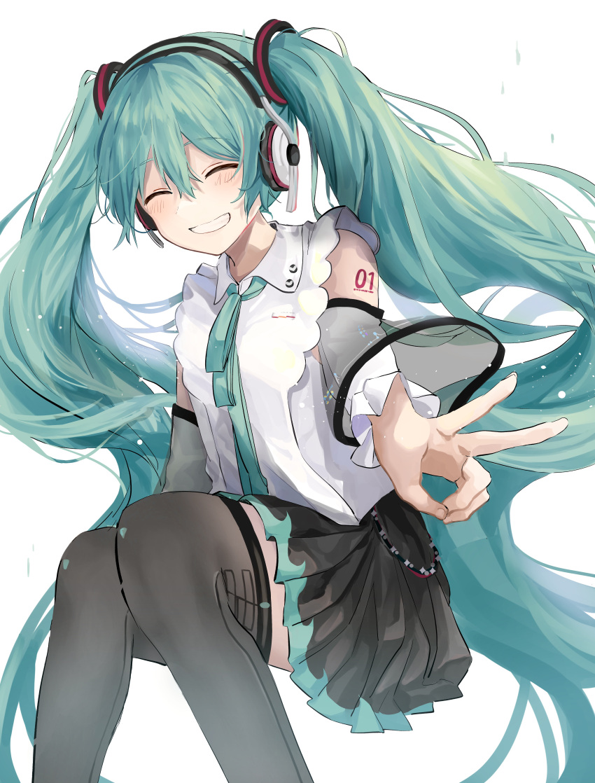 1girl absurdres aqua_eyes aqua_hair aqua_neckwear bad_hands bare_shoulders black_legwear black_skirt cc_rock closed_eyes commentary detached_sleeves facing_viewer feet_out_of_frame foreshortening hair_ornament hatsune_miku hatsune_miku_(nt) headphones highres layered_sleeves long_hair miniskirt neck_ribbon outstretched_arm piapro pleated_skirt ribbon see-through_sleeves shirt shoulder_tattoo sitting skirt sleeveless sleeveless_shirt smile solo tattoo thigh-highs twintails v very_long_hair vocaloid white_shirt white_sleeves