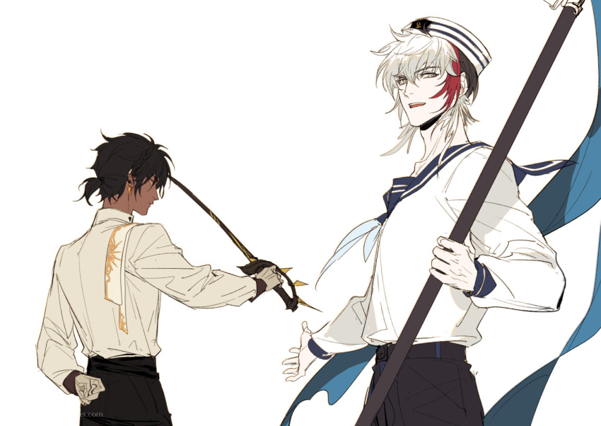 2boys arknights arm_behind_back black_hair black_pants blue_neckwear blue_sailor_collar chinese_commentary closed_mouth collared_shirt commentary_request cowboy_shot dark-skinned_male dark_skin ear_clip earrings elysium_(arknights) flag gloves holding holding_flag holding_sword holding_weapon jewelry long_sleeves looking_at_viewer looking_back male_focus multicolored_hair multiple_boys neckerchief pants parted_lips profile redhead sailor_collar school_uniform serafuku shirt shirt_tucked_in short_hair short_ponytail streaked_hair sword thorns_(arknights) weapon white_gloves white_hair white_shirt xiandao1213