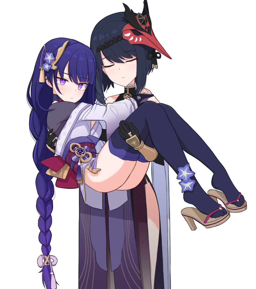 black_hair blush braid carrying closed_eyes fingerless_gloves genshin_impact gloves hair_ornament highres jagd japanese_clothes kimono kujou_sara long_hair long_sleeves looking_at_viewer mask mask_on_head off_shoulder princess_carry purple_hair raiden_shogun short_hair simple_background slippers tengu_mask thigh-highs violet_eyes white_background younger