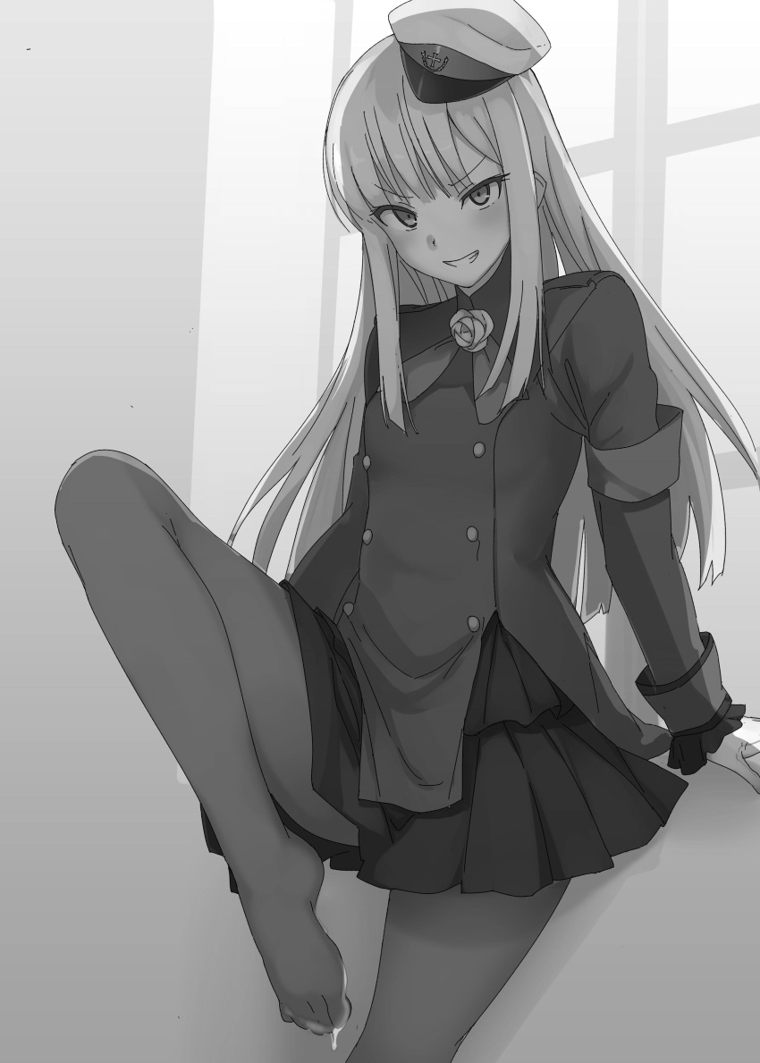 1girl absurdres bangs black_legwear blush breasts coat eyebrows_behind_hair eyebrows_visible_through_hair fate/grand_order fate_(series) feet greyscale hat highres leg_up long_hair looking_at_viewer military military_hat military_uniform mobu monochrome open_mouth reines_el-melloi_archisorte sitting skirt smile solo thigh-highs uniform window