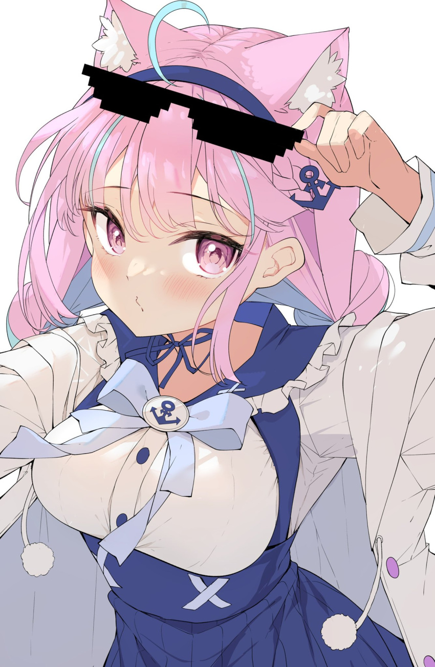 1girl adjusting_eyewear ahoge animal_ear_fluff animal_ears arm_up bangs blue_bow blue_eyes blue_hairband blue_sailor_collar blue_skirt blush bow breasts cat_ears commentary_request darjeeling_(reley) deal_with_it eyebrows_visible_through_hair eyewear_on_head frilled_sailor_collar frills hairband high-waist_skirt highres hololive jacket large_breasts long_hair long_sleeves looking_at_viewer minato_aqua multicolored_hair open_clothes open_jacket parted_lips pink_eyes pink_hair sailor_collar school_uniform serafuku shirt simple_background skirt solo sunglasses suspender_skirt suspenders two-tone_hair upper_body virtual_youtuber white_background white_jacket white_shirt