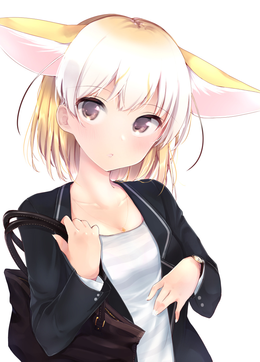 1girl absurdres animal_ear_fluff animal_ears bag bangs black_jacket blazer blonde_hair bob_cut brown_eyes carrying casual closed_eyes commentary eyebrows_visible_through_hair fennec_(kemono_friends) fox_ears handbag highres jacket jewelry kemono_friends kinou_no_shika long_sleeves looking_at_viewer nail_polish necklace shirt short_hair simple_background solo striped striped_shirt tilted_headwear upper_body watch watch white_background white_nails white_shirt