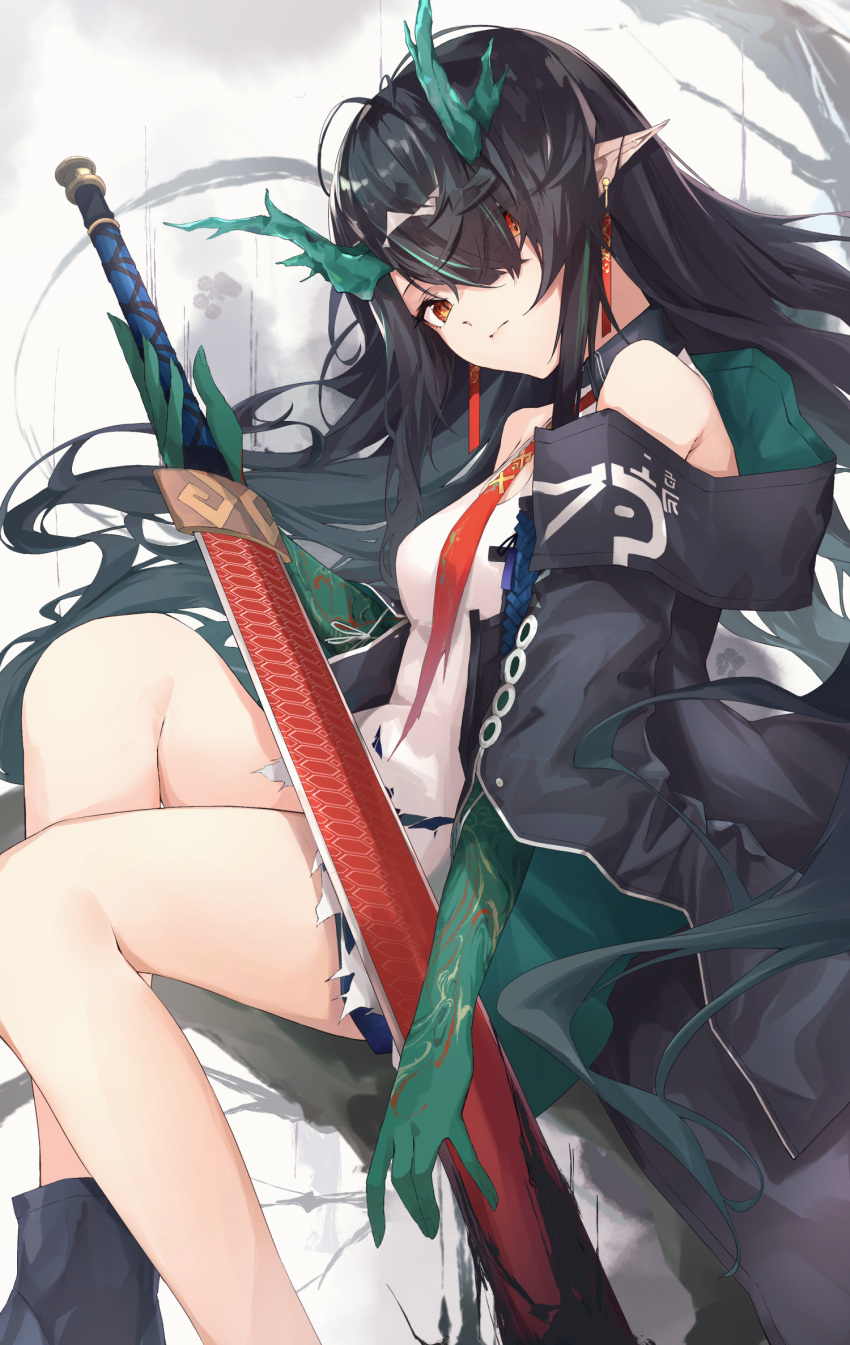 1girl ankoro_mochi arknights black_collar black_hair black_jacket breasts china_dress chinese_clothes cleavage_cutout clothing_cutout collar commentary dragon_horns dress dusk_(arknights) ear_piercing feet_out_of_frame green_hair grey_background hair_over_one_eye highres holding holding_sword holding_weapon horns jacket long_hair looking_at_viewer multicolored_hair necktie off_shoulder open_clothes open_jacket piercing pointy_ears red_eyes red_neckwear sitting sleeveless sleeveless_dress small_breasts solo streaked_hair sword very_long_hair weapon white_dress