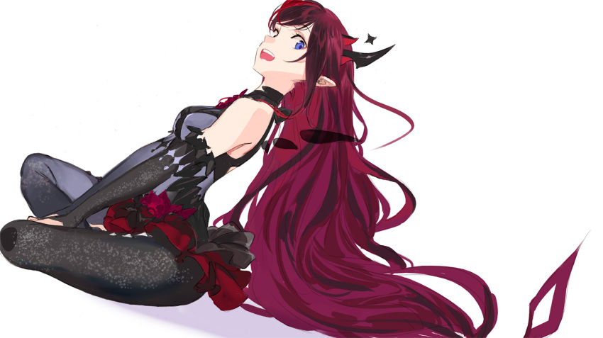 1girl black_hair blue_eyes butterfly_sitting detached_wings hands_on_feet heterochromia holding_own_foot hololive hololive_english horns irys_(hololive) long_hair looking_at_viewer looking_to_the_side multiple_horns pako redhead single_legging sitting smile solo v_arms very_long_hair virtual_youtuber wings